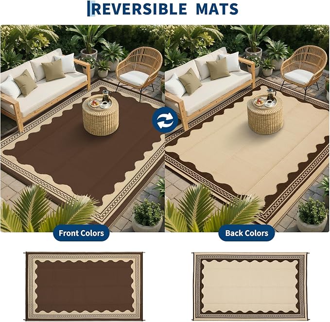 Garvee Outdoor Rug 5x8 Scalloped Waterproof Patio RV Outdoor Rugs Reversible Foldable Plastic Straw Rug Modern Camping Carpet for Deck Camper Porch Balcony Backyard Picnic Beach Brown