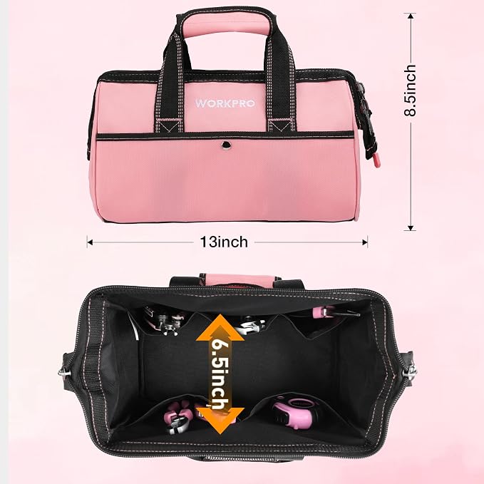 WORKPRO 13-Inch Tool Bag, Pink Soft Cloth Tool Storage Bags, Wide Mouth Tool Tote Bag with Inside Pockets - Pink Ribbon | Soft Cloth, Wide Mouth, Tool Tote Bag