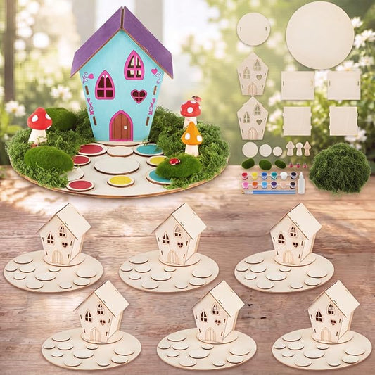Kathfly 6 Sets Wooden Fairy House DIY Craft Kit for Kids with Paints & Decorations, Unpainted Miniature Garden Accessories for Home Event Party Decorations, Arts Birthday Party Favor (Fairy House)