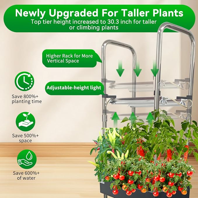 60 Pod Vertical Hydroponic System, Indoor Smart Garden | Full spectrum LED lights, auto water pump, 60 pod vertical tower, herbs, veggies, climbing plants, sponges, 21L tank