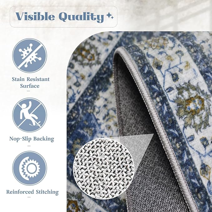 Area Rug 8x10 Washable Rug, Vintage Boho Medallion Rugs Non-Slip Soft Low Pile Large Distressed Rug Indoor Retro Carpet for Living Room Bedroom Dining Room Home Office (Vintage Blue, 8'x10')