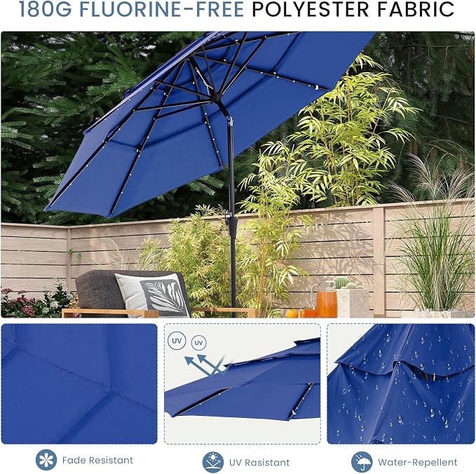 DUMOS Outdoor Solar Patio Umbrella 3 Tiers with 32 LED Lights, Beach Market Table Umbrella with Crank and 8 Sturdy Ribs for Pool, Terrace, Restaurant