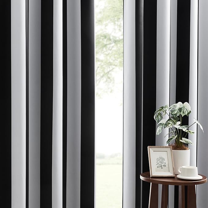Black and White Vertical Stripe Blackout Curtains, Modern Minimalist Striped Drapes, 100% Light Blocking, Thermal Insulated & Noise Reducing Curtains, Grommet Top 52 x 120 Inches, 2 Panels