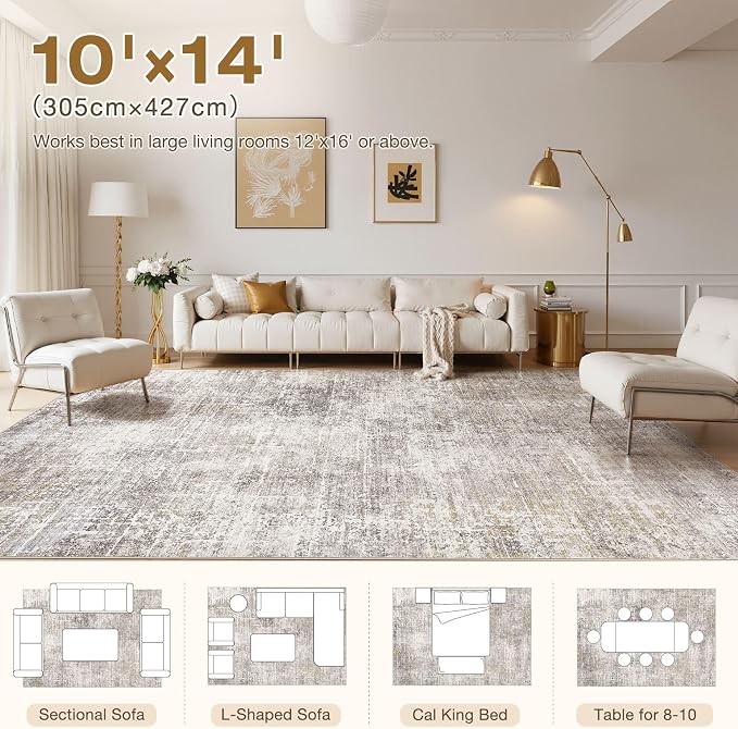 kakania Abstract 10x14 Area Rugs for Living Room: Washable Rugs Brown Gold | Soft, Non-Slip, Low-Pile, Pet & Kid Friendly - Large Modern Home Decor Carpet for Bedroom/Dining Room/Office/Nursery
