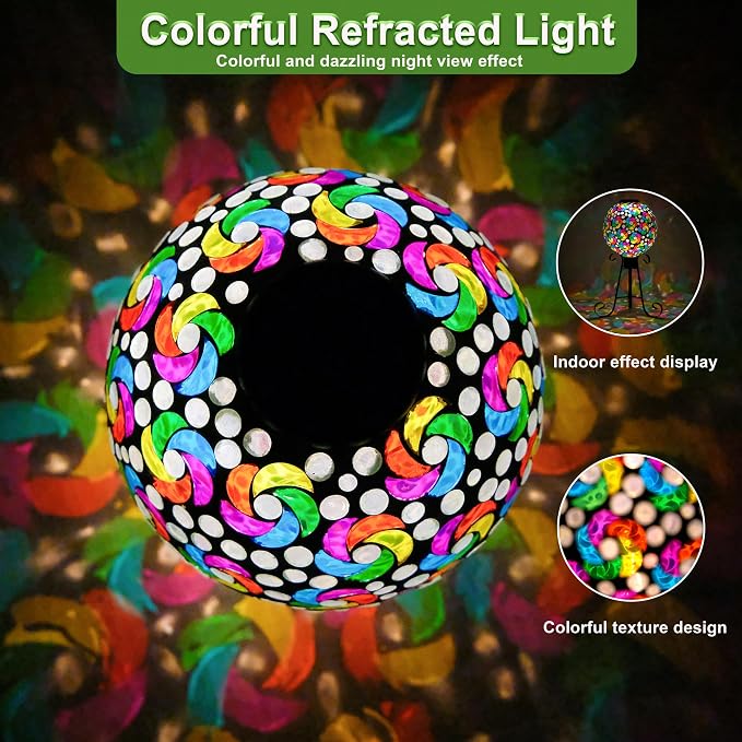 SAVENNA Mosaic Solar Gazing Ball 10 Inch, Glass Garden Globe with Auto On/Off for Yard, Lawn & Outdoor Decor, Multicolor Mosaic