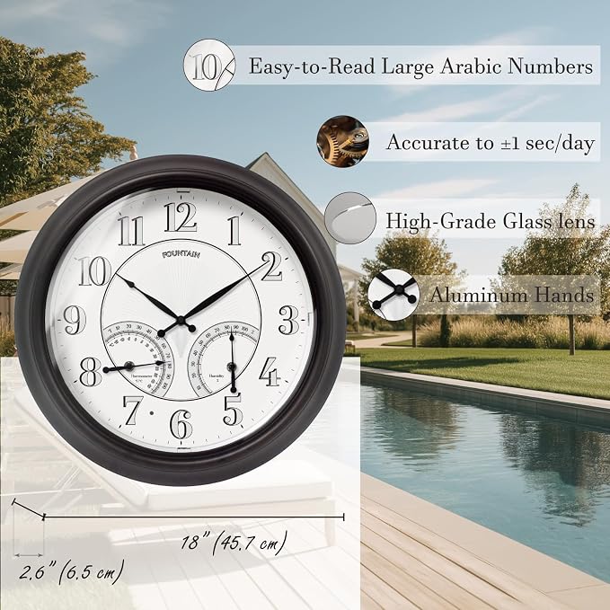 18 Inch Illuminated in/Outdoor Clock with Smart Sensor and Night Light, Waterproof, Large Wall Clock with Thermometer & Hygrometer for Patio,Pool and Garden Decor,Oil Rubbed Bronze