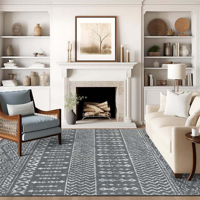 Art&Tuft 9x12 Area Rugs for Living Room, Large Washable Area Rug, Grey | Low Pile, Soft & Lighweight, Folable, Stain Resistant Indoor Floor Mat Moroccan Carpet for Bedroom, Dining Room, Home Office