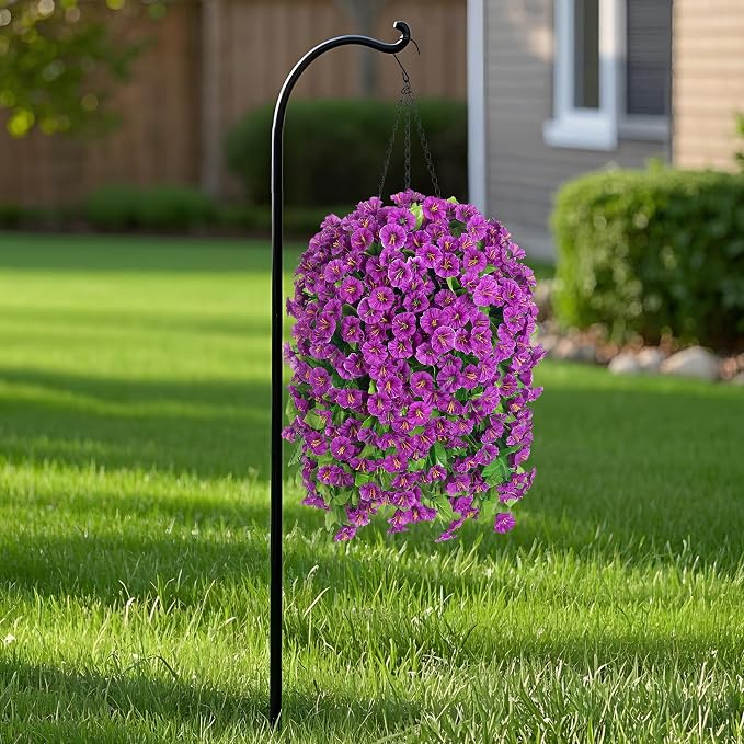 Ammyoo Artificial Faux Hanging Flowers Basket for Spring Summer Outdoor Porch Decor, Fake Silk Colorful Morning Glory Eucalyptus in Planter UV Resistant Look Real for Home Balcony Yard(Darkorchid)