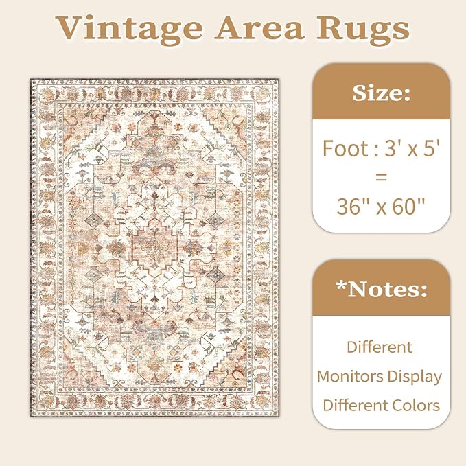 SERISSA 3x5 Washable Non Slip Boho Area Rug for Bedroom，Peach Cream | Ultra Soft Vintage Oriental Carpet Low-Pile Distressed Tribal Throw Rug Carpet for Living Room Nursery Kitchen Dorm Decor