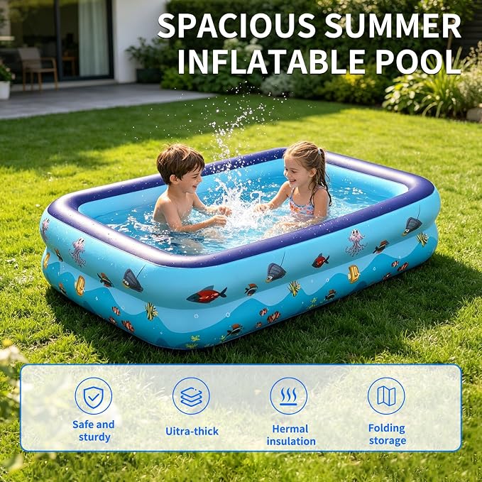 HAIKE Inflatable Pool for Adults and Kids, Summer 2 Layer Thickened Kids Pool Outdoor Water Party, Family Full-Sized Swimming Pool, Rectangle Blow Up Pool for Backyard Garden (47.2"x35.4"x19.7")