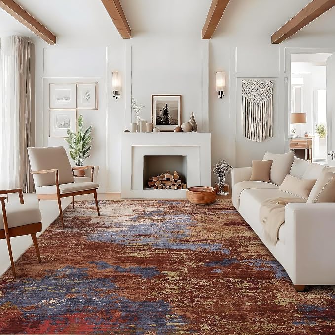 GarveeHome Colorful Rug 9x12 Large Neutral Dining Room Rug Red | Non-Slip Backing, Stain-Resistant Low Pile Floor Cover, Colorful Indoor Mat, Bedroom, Kitchen, Laundry