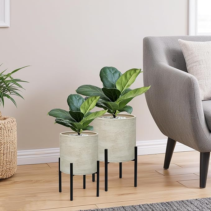 ARNIS Modern Plant Pots, Set of 2 Large Planters with Stand, Decorative Planters, Metal Pots with Drainage Holes for Living Room, Office, Garden or Balcony, 8.25 &10.5 Inch, Dirt