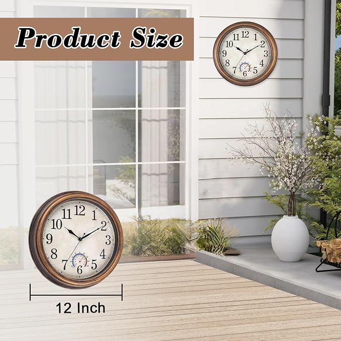 12 inch Outdoor Wall Clock, Plastic Waterproof Wall Clock with Temperature, Water Resistant Outdoor Clocks for Patio Garden