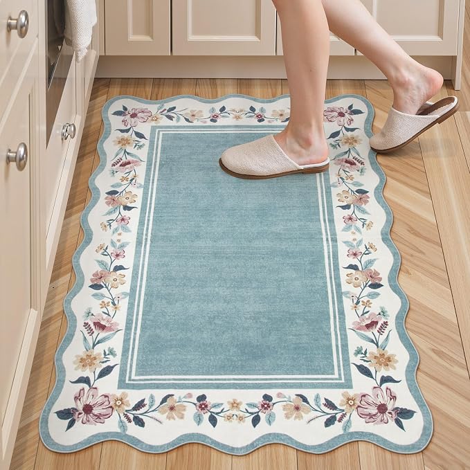 Lahome Floral Blue Kitchen Rug 2x3, Small Scalloped Entryway Rug | Non Slip Washable Rug, Ultra-Thin Front Door Rug for Entrance, Boho Stain Resistant Throw for Bathroom Bedroom Ariele (Blue)
