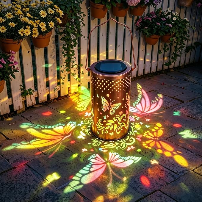 2 Pack - Colorful Butterfly Hanging Solar Lanterns Outdoor Waterproof, Decorative Metal Solar Hanging Lanterns for Porch Yard Tabletop Path Lawn and Garden Decor, Ideal Gifts for Mom Grandma Women