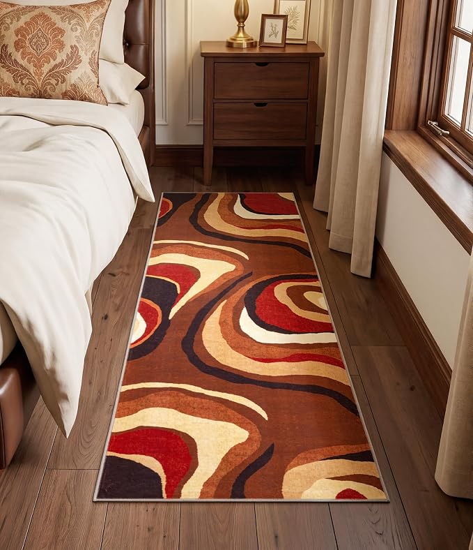 Burnt Orange Runner Rug 2x6 for Hallway,Farmhouse Brown Retro Carpets Washable,Geometric Abstract Wavy Rug,Unique Colorful Rugs for Dining Room,Kitchen,Bedside Rugs