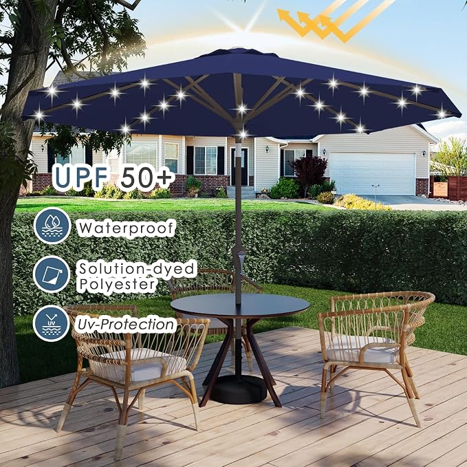 9FT Patio Umbrella with Solar Lights,Outdoor Market Umbrella with Tilt and Crank, LED Lighted Table Umbrella for Garden,Deck,Backyard,Pool,Beach (Navy)
