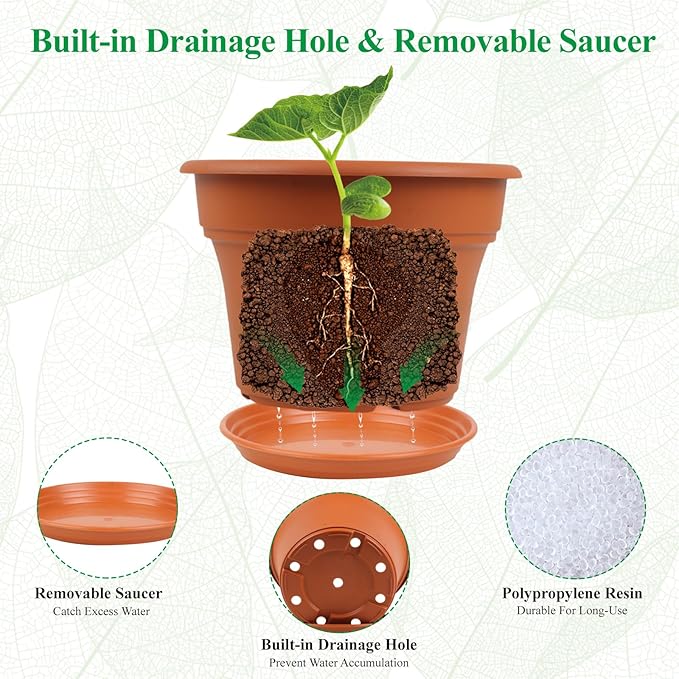 Pottiffe 11 Inch Plastic-Flower-Pot-for-Indoor-Plants, 4 Pack Large Outdoor Planter Pot with Drainage Holes & Saucers, Resin Decorative Garden Pots Planters