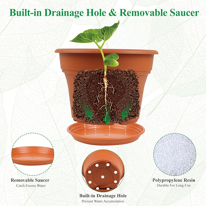 Pottiffe 13 Inch Plastic-Flower-Pot-for-Indoor-Plants, 4 Pack Large Outdoor Planter Pot with Drainage Holes & Saucers, Resin Decorative Garden Pots Planters