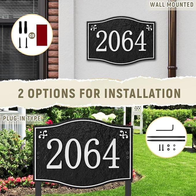 Personalized Address Plaque Sign - LAWN MOUNTED, House Address Signs for Outside Use for House,Apartment,Office,Yard (Black/Silver)