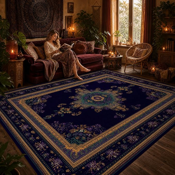 Vintage Boho Purple Area Rug 5x7 Violet Oriental Rugs Living Room Bedroom | Purple Gold Carpet, Soft Washable, Non-Slip Stain Resistant, Pet Friendly, Easy to Clean