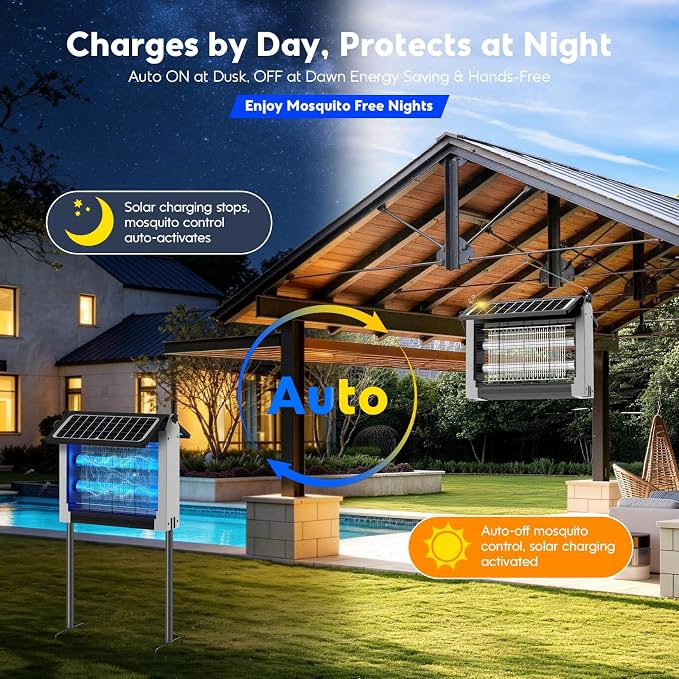 Solar Bug Zapper Outdoor, 4500V Electric Mosquito Zapper with Dual Solar Panels & USB Charging, Auto On/Off Mosquito Killer, IPX5 Waterproof Fly Trap for Backyard Patio Garden Camping, 1 Acre