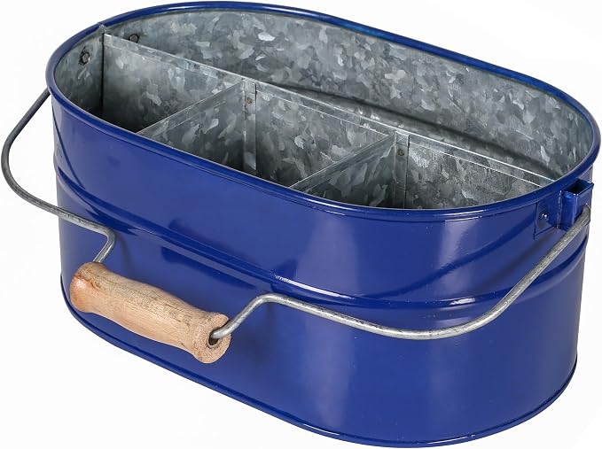 Alpha Living Home 4 -Section Galvanized Utensil Silverware Caddy - Farmhouse Organizer with 4 Compartments and Wooden Handle - Versatile Storage for Kitchen, Outdoor & Party Essentials (Blue)