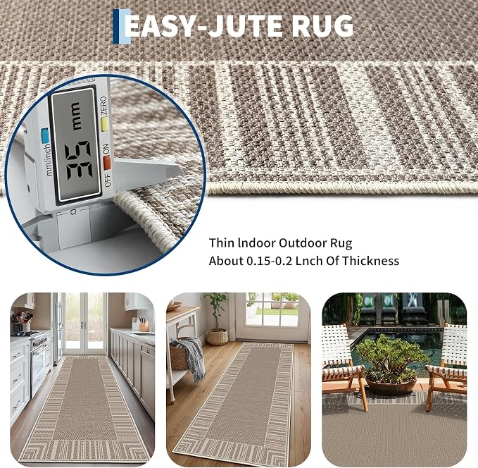 COZYLOOM Indoor Outdoor Rugs 8x10 Easy Jute Washable Area Rug, Beige Brown | Modern Non Slip Neutral Border Non Shedding Stain Resistant Foldable Rug for Living Room Dining Room Bedroom Patio Backyard