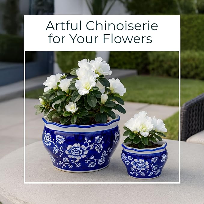 Set of 2 Round Chinoiserie Decorative Ceramic Planter Pots – Stoneware Outdoor & Indoor Plant Pots with Drainage – Modern Garden & Home Decor Planters – 6" & 5", Blue & White