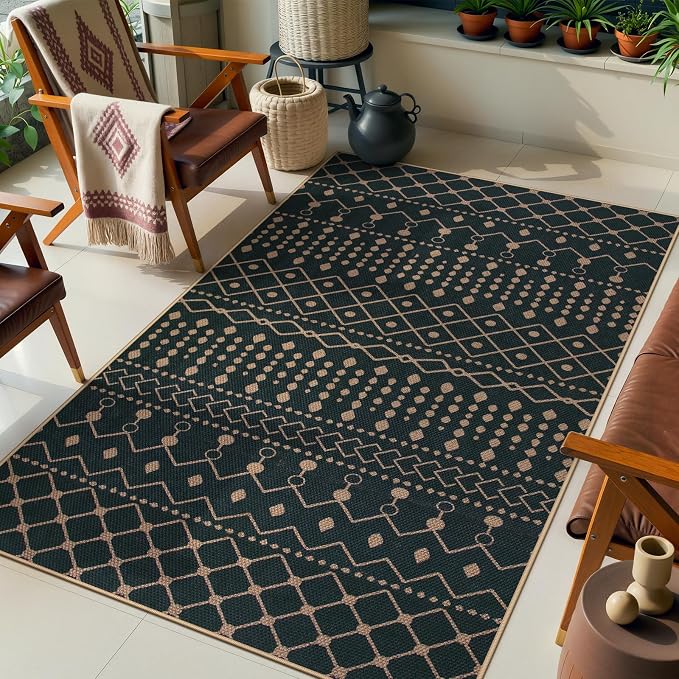 Lahome Moroccan Easy Jute 3x5 Outdoro Rug, Black and White Entryway Rug | Modern Geometric Non Slip Washable Indoor Outdoor Carpet for Porch Kitchen Patio