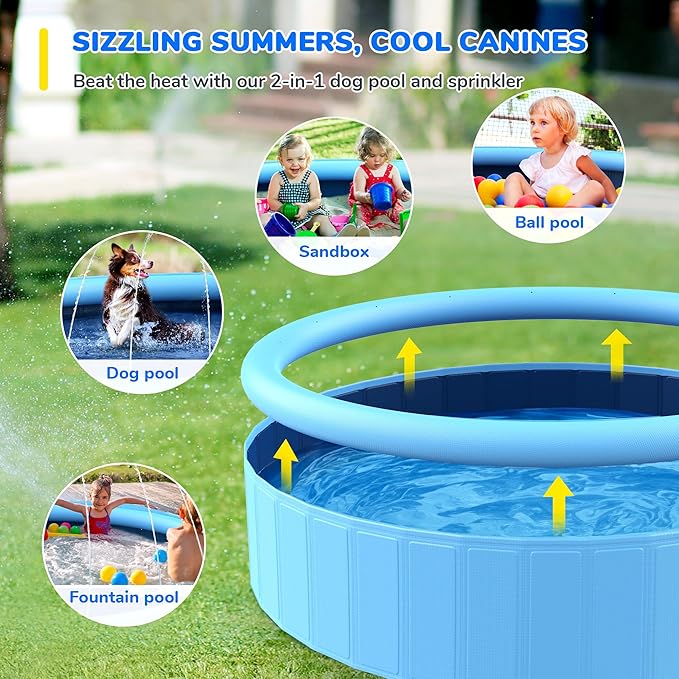 118'' Foldable Dog Pool, Jumbo Sprinkler Pools for Kids, Non-Slip Heavy Duty Dogs Pool for Large Dogs, Hard Plastic Kiddie Bathtubs for Backyard（10ft）
