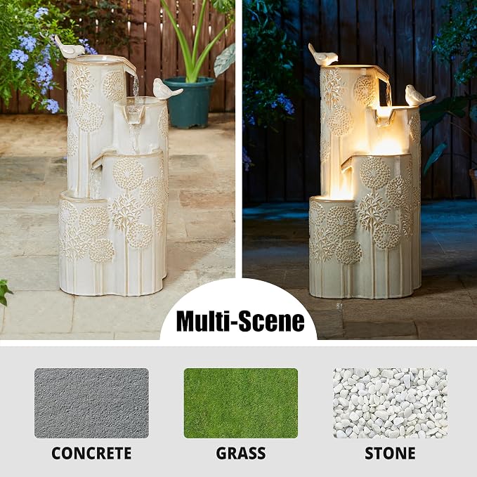 Glitzhome Water Fountain Outdoor with LED Lights, 4-Tier Vase Shaped Ceramic Outdoor Fountain, Dandelion Glaze Water Fountains Feature for Garden Backyard Patio, Sand Beige, 31.7”H