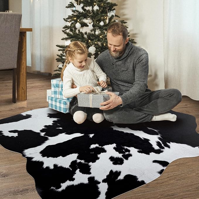 Black Cowhide Rug 5.2x6.2 ft Cow Hide Rug Washable Area Rug Wall Decor | Cow Print Rug Western Rugs for Bedroom Living Room Dining Room Decor Animal Print Carpets-No Fur