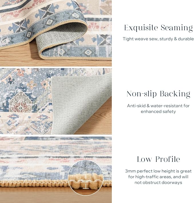 Phantoscope Washable Area Rug 5'x7' Non-Slip, Vintage Neutral Rugs for Living Room, Bedroom, Dining Room, Distressed Boho Geometric Medallion Pattern, Low-Pile Foldable Floor Carpet, Dusty Blue/Multi