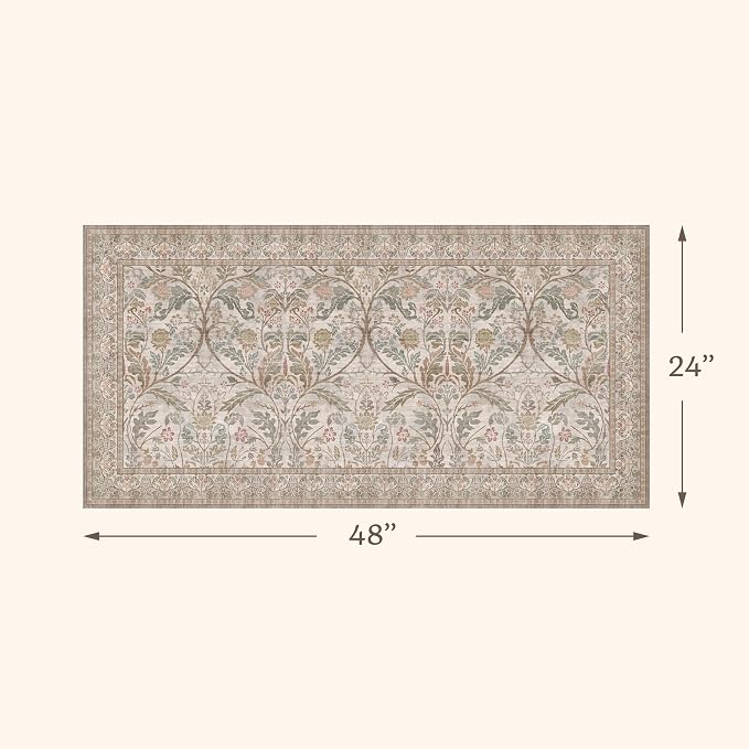 Moss Green 2x4 Washable Entry Rug, Small Throw Rugs for Bathroom Entryway Kitchen, Non Slip Doormat Indoor Entrance, Farmhouse Floral Low Pile Stain Resistant Carpet