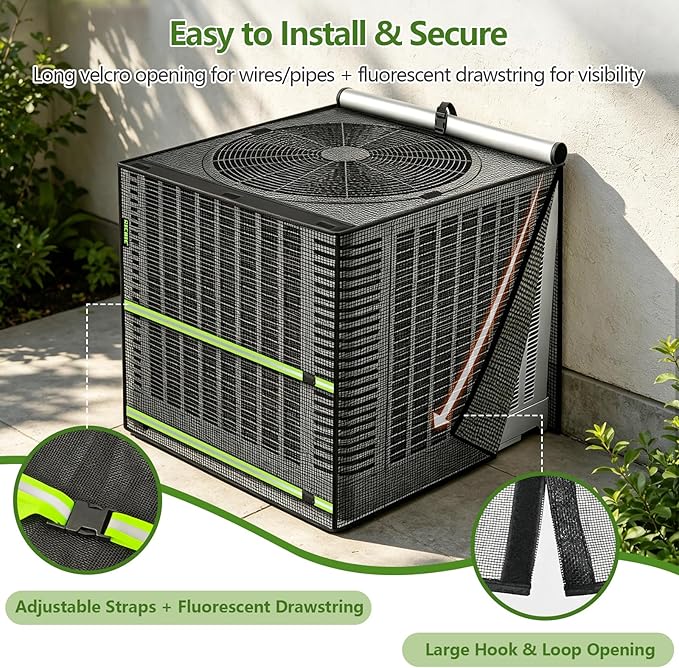 2 in 1 Full Mesh Air Conditioner Cover with Roll-Up Waterproof Top-Heavy Duty 420D Oxford, Breathable Outdoor AC Unit Defender for All Season, Anti-UV, Windproof, Easy Install, 32"W x 32"D x 36"H