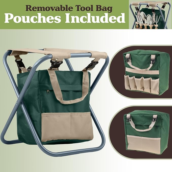 Pure Garden Folding Garden Stool with Tool Bag Plus 5 Garden Tools,Tan, Green and Silver