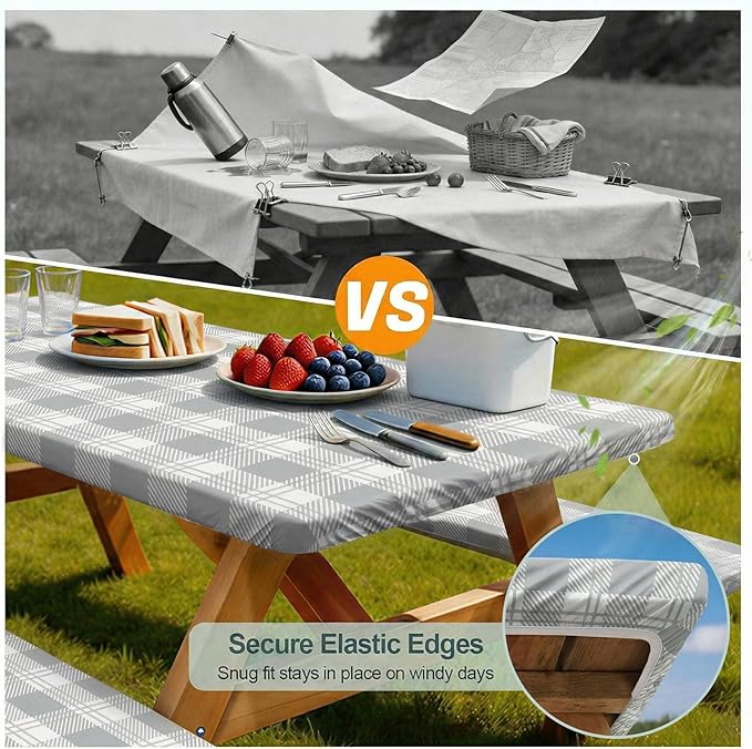 Play Tailor Picnic Table Cover with Bench Covers Camping Essentials Waterproof Windproof Camping Tablecloth with Drawstring Bag, Fitted Rectangle Tables and Seats, 96in, Grey Checkered