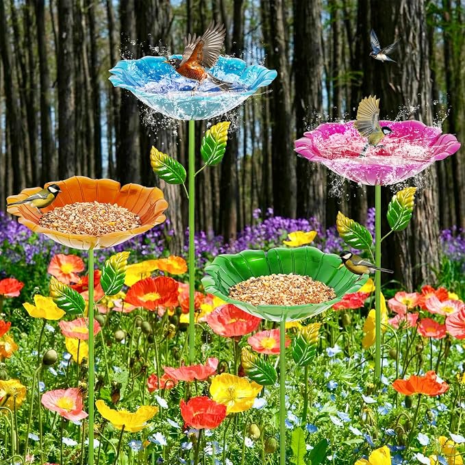 4 Pack Bird Baths for Outdoors, Colorful Metal Bird Bath for Outside, Hummingbird Bath with Five Stakes, Garden Flower Small Birdbath for Garden Decor (Red,Yellow,Blue,Green)