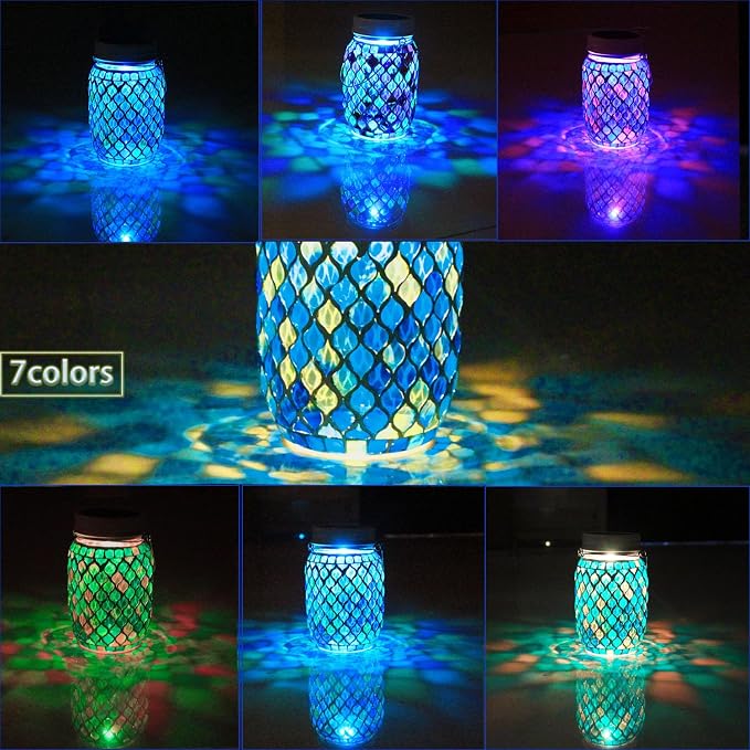 Solar Mosaic Lights - 12 Color Changing LED, 4 Lighting Modes with Remote Control, Handcrafted Glass Decor Lanterns, Hanging or Tabletop Decor for Garden (Bule)