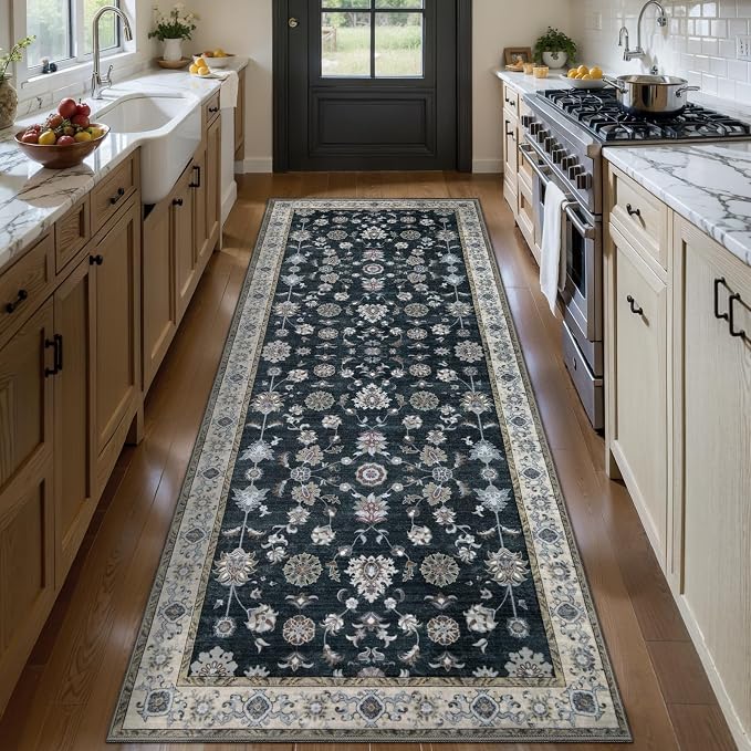 Tangsoo 2x5 Washable Runner Rugs for Hallway, Farmouse Non Slip Rug Runner | Vintage Soft Low Pile Rug Runner, Oriental Carpet Runners for Entryway Kitchen Bedroom Bathroom Living Room Black Home Decor