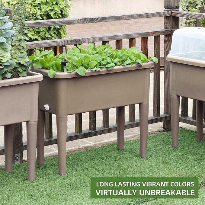 Dexceder 13.2 Gallon Self Watering Raised Garden Bed (Light Brown) | Ventilation Transparent Lid Greenhouse, Deepen Vegetable Flower Box Planter Pot with Removeble Legs & Water Level Indicator