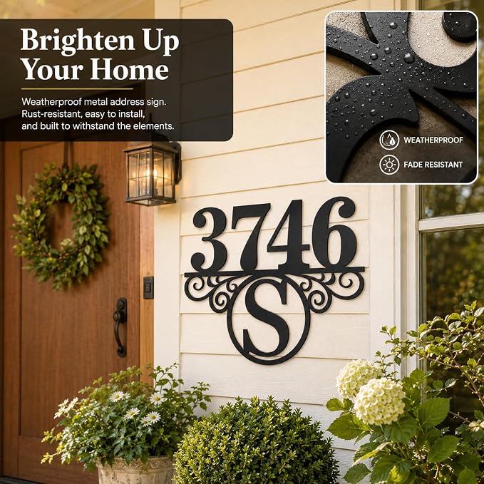 Custom Metal Address Sign for Home Personalized House Number Plaque Decorative Laser Cut Monogram Front Porch Wall Art Elegant Entryway Decor for Family Homes