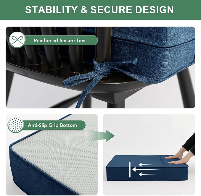 Summsun Outdoor Chair Cushions, Faux Linen Backrest and Seat Cushion Set for Patio Furniture with Weather Resistant Removable Cover, Straps, Non-Slip Bottom, 19 x 19 Inch, Navy, Set of 4