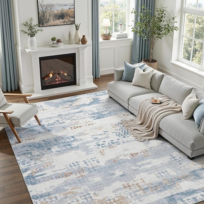 DCX Washable Abstract Area Rug 6x9, Non Slip Low Pile Rug, Blue | Easy to clean, non-shedding, soft, kid & pet friendly, with a non-slip rubber backing for living rooms, bedrooms, and offices