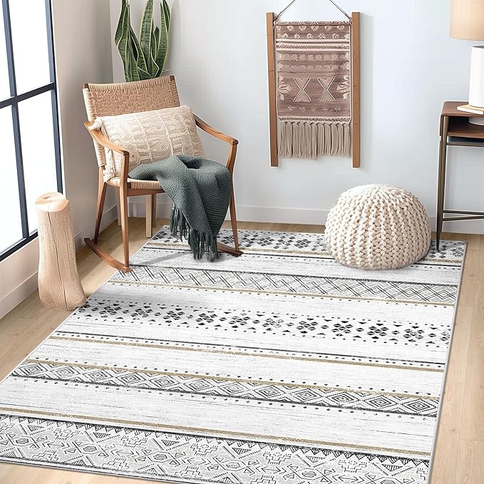 4x6 Washable Area Rugs for Living Room Boho Bedroom Rug Black/Brown | Vacuum Friendly, Machine Washable, Non-Slip Rug, Stain Resistant, Moroccan Geometric, Low Pile Carpet, Dining Room Kitchen