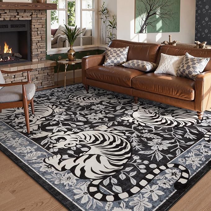 LIVEBOX Tiger Washable Rugs for Living Room, 8x10 Boho Bedroom Rug Non-Slip Jungle Floral Area Rug, Soft Stain Resistant Vintage Western Animal Floor Carpet for Dining Room Home Office Dorm (Black)
