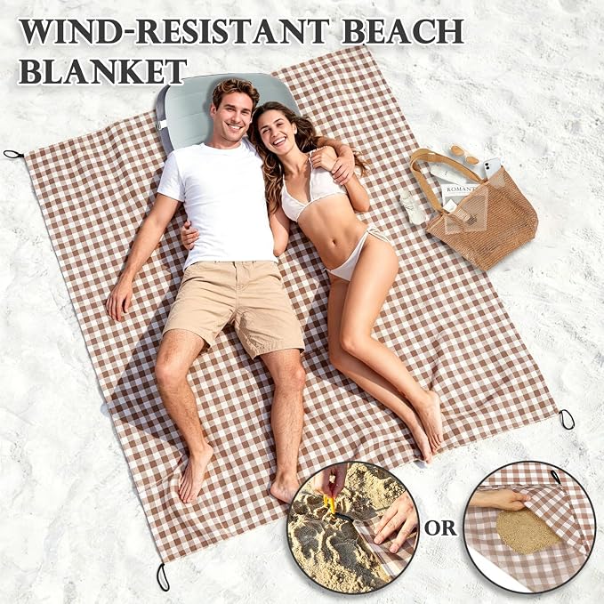 Fammart Pocket Picnic Blanket Sandproof Waterproof, Portable Lightweight Camping Tarp, Quick Dry Foldable Compact Beach Mat with Corner Pockets & Stakes for Festivals Hiking Outdoor Essentials