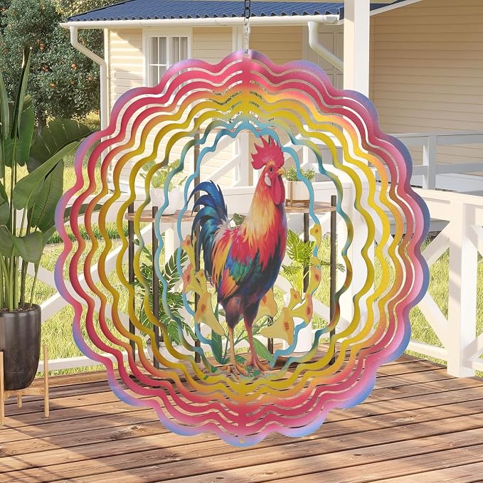 Eandisom Wind Spinners Outdoor Chicken - Birthday Gifts for Women Mom Grandma, Rooster Deocr Hanging Wind Spinner 12 inch 3D Wind Sculptures for Garden Decor for Outside, Patio, Yard, Outdoor