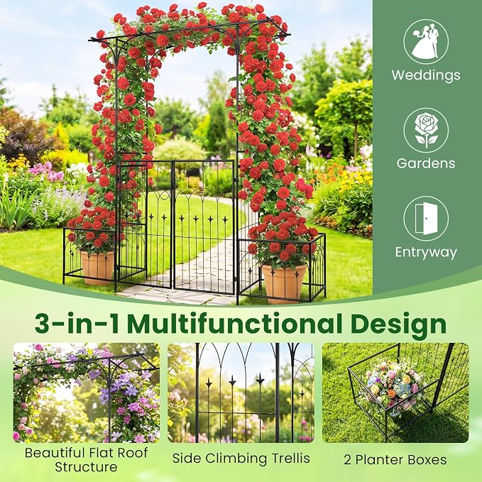 Giantex Garden Arbor with Gate and Planter, 79" W x 81" H Metal Arch Trellis with Double Doors, Outdoor Archway for Climbing Plants, Weddings, Backyard, Patio, Lawn, Ceremony Party Decoration